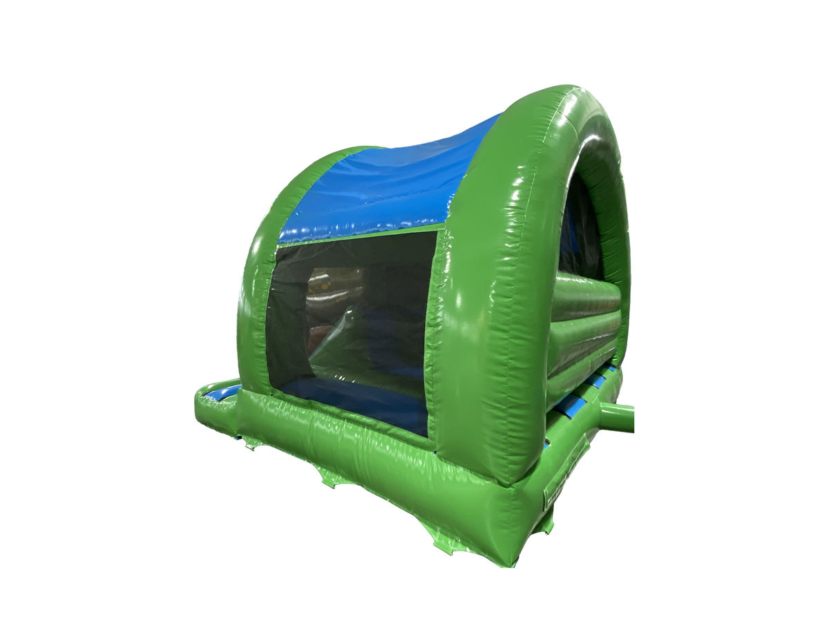 Airquee 3D Safari inflatable bounce house with green and blue PVC, featuring an enclosed area and curved slide design.