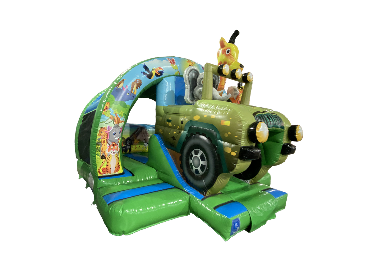 Airquee 3D safari bouncy castle with a curved front slide, featuring a large green jeep and jungle animal artwork.