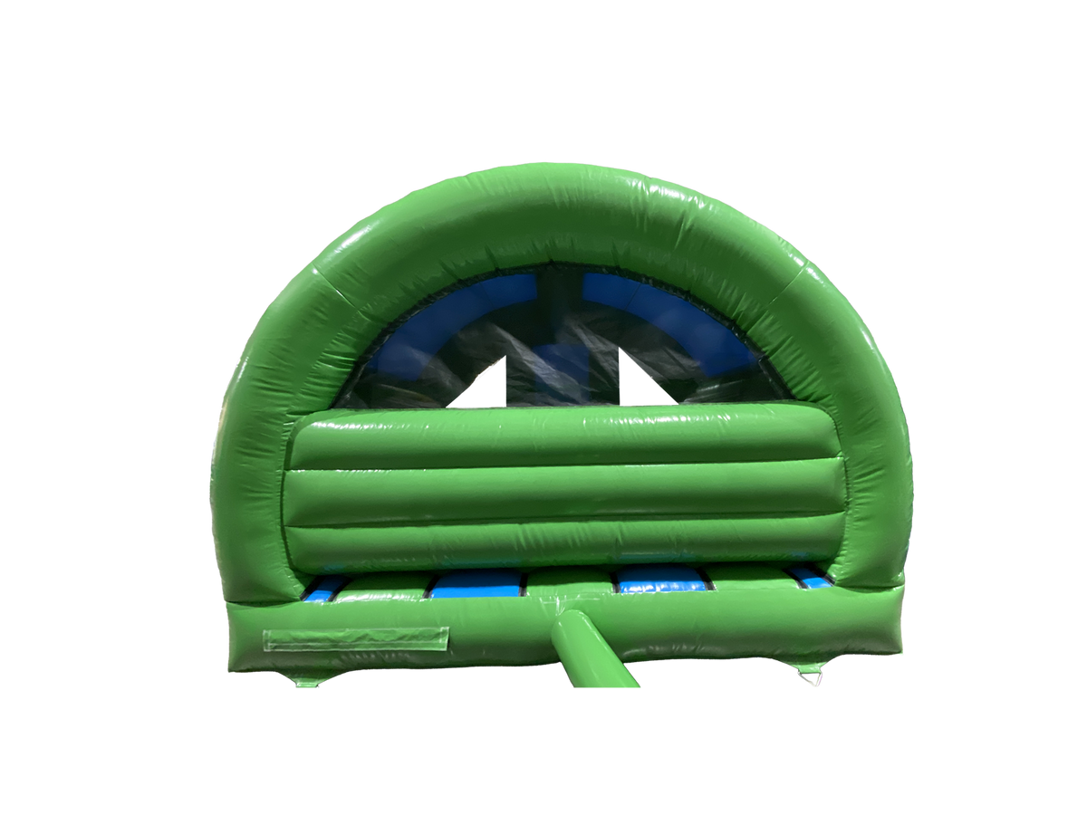 Airquee 3D Safari Curved Front Slide Combi inflatable with green and blue PVC construction and arched design