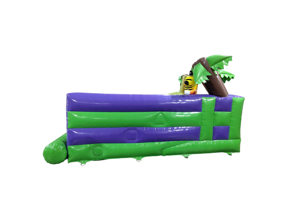 Airquee Safari Den Play Bed featuring purple and green inflatable walls with a 3D palm tree and jungle animal detail.