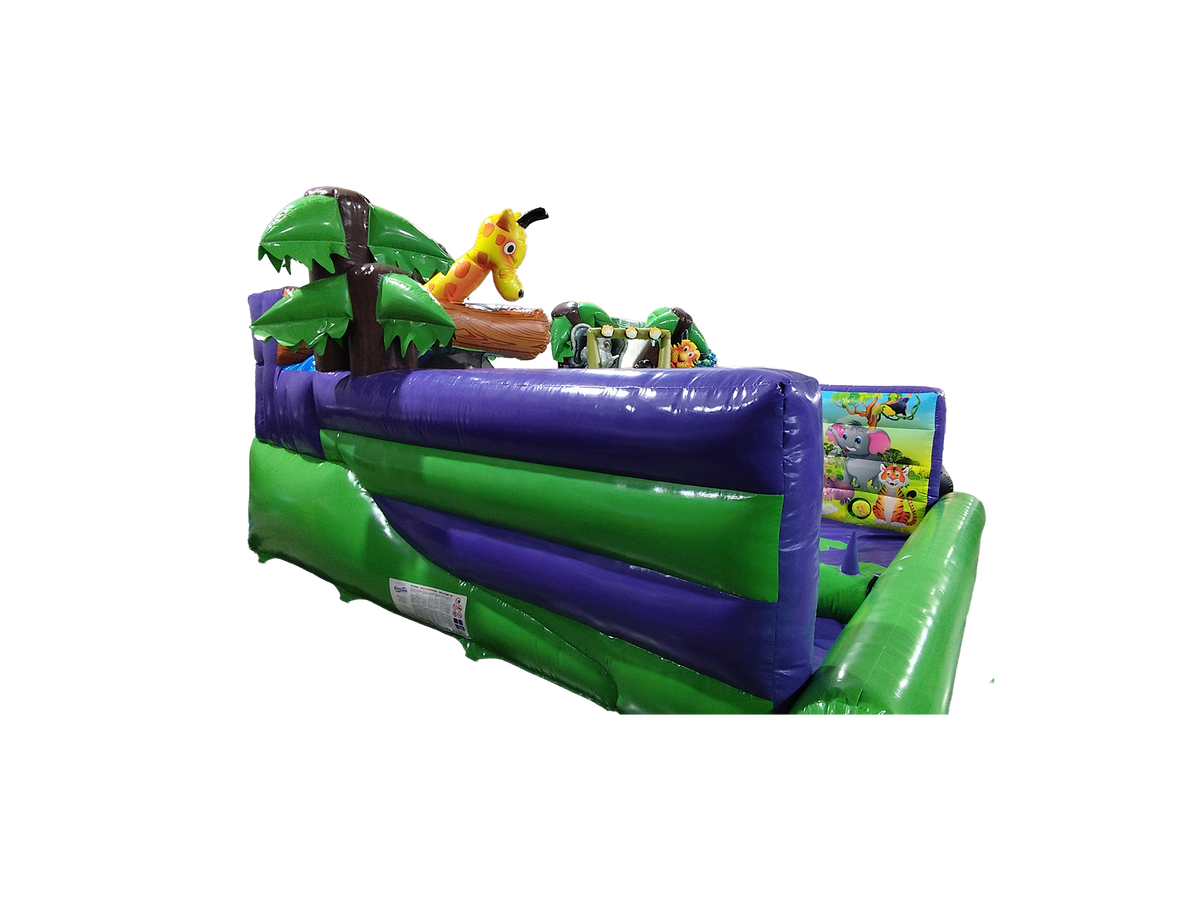 Airquee Safari Den Play Bed featuring purple and green inflatable walls with jungle animal artwork and 3D palm trees.