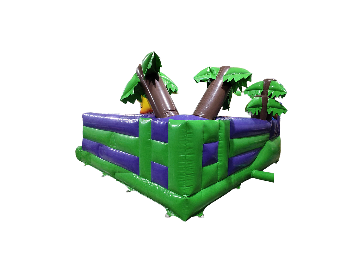 Airquee Safari Den Play Bed with green and purple PVC walls and 3D inflatable palm tree features for toddlers