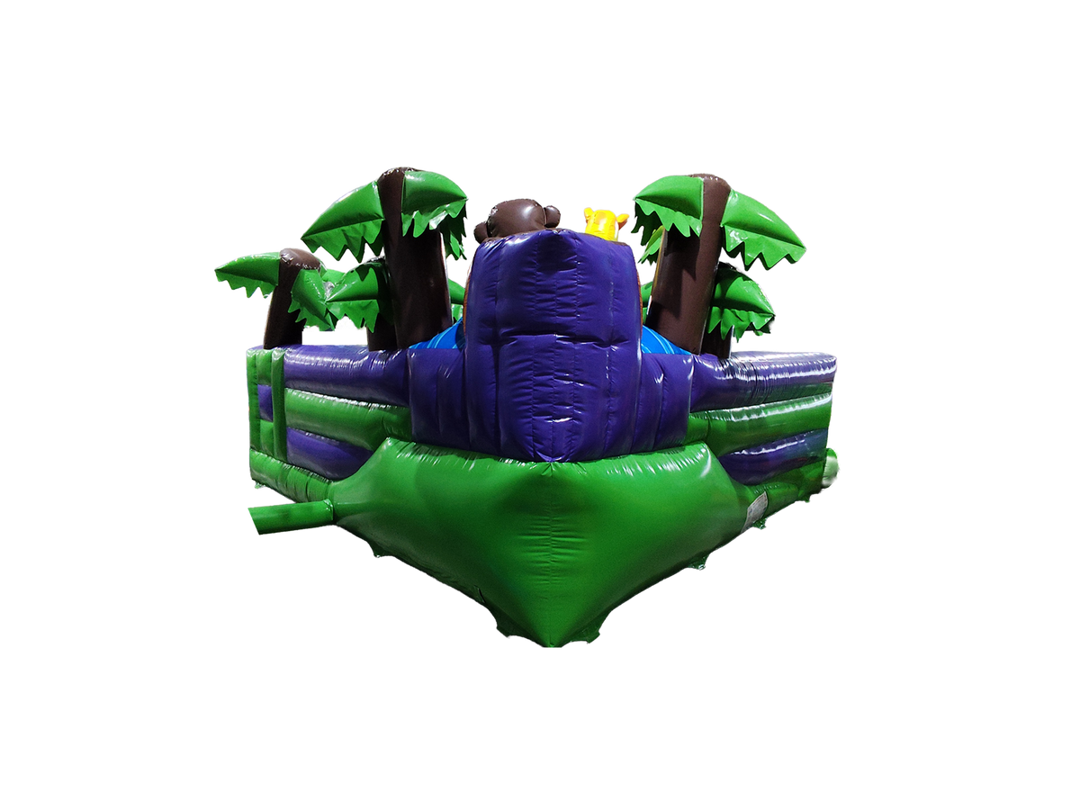 Airquee Safari Den Play Bed featuring vibrant green and purple PVC with inflatable palm trees and jungle animal decor.