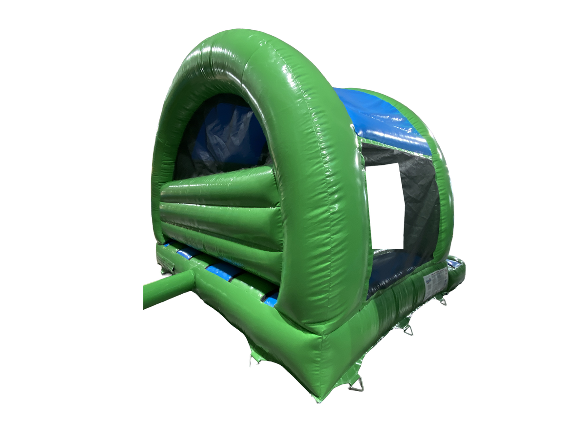 Airquee 3D Safari inflatable bounce house with green and blue PVC, featuring an enclosed area and curved slide design.