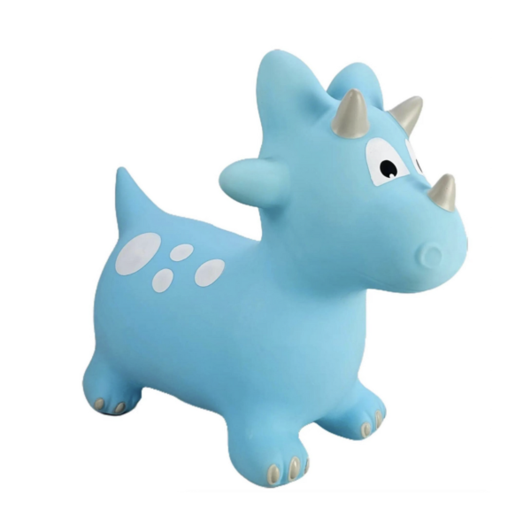 Airquee turquoise inflatable baby dinosaur ride-on toy with white spots and easy-grip horns for active play