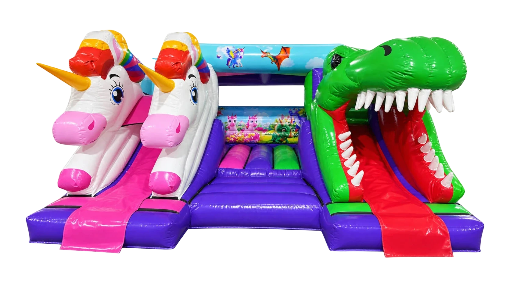 Airquee 18x15ft inflatable bouncy castle with unicorn and dinosaur themed double front slides and colourful PVC design