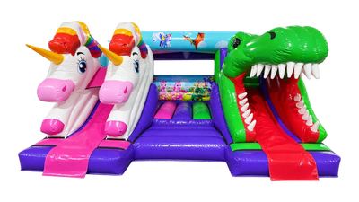 Airquee 18x15ft inflatable bouncy castle with unicorn and dinosaur themed double front slides and colourful PVC design