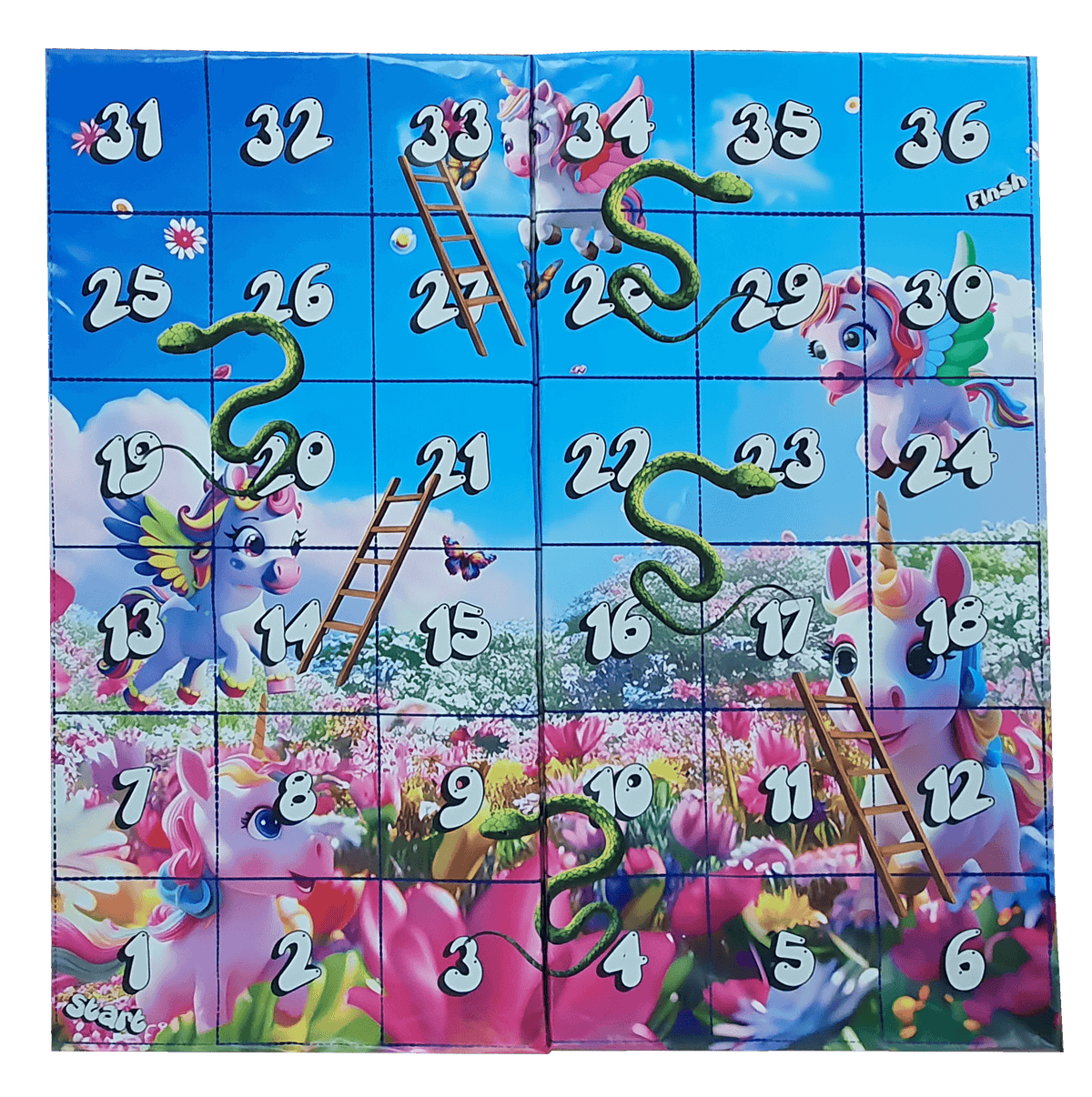Airquee Unicorn themed soft play snakes and ladders floor game with colourful foam mats for children's parties.