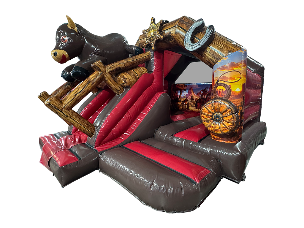 Airquee 5x4m Western-themed inflatable bouncy castle with a 3D bull head, timber-effect artwork, and front slide.