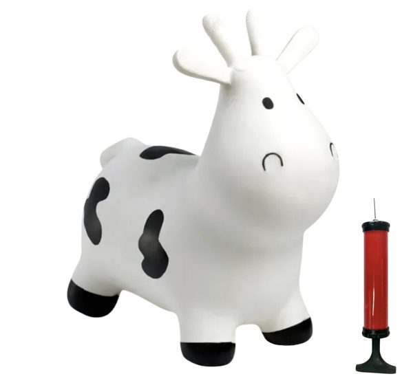 Airquee White Cow Happy Hopperz inflatable ride-on toy with black spots and a hand pump for toddlers.